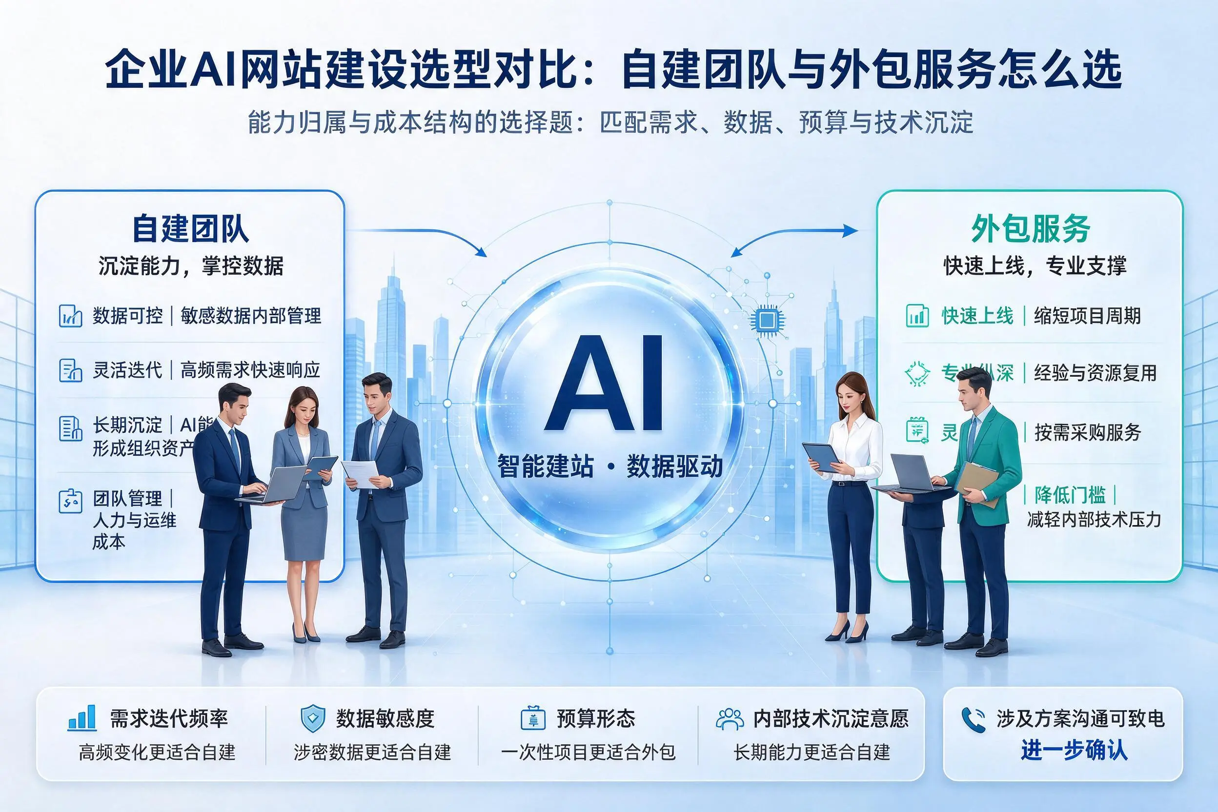 抚州企业AI网站建设选型对比：自建团队与外包服务怎么选